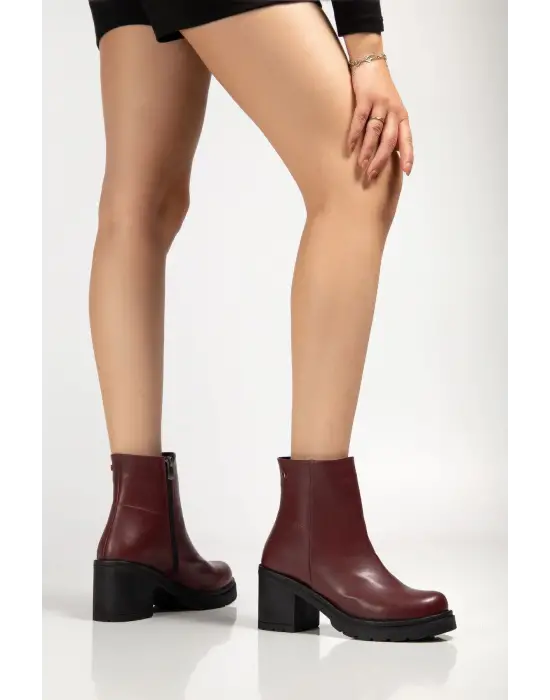 767-3020 Bordo Fermuarlı Kalın Topuklu Günlük Kadın Bot