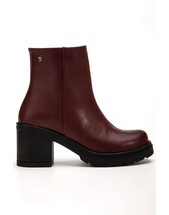 767-3020 Bordo Fermuarlı Kalın Topuklu Günlük Kadın Bot