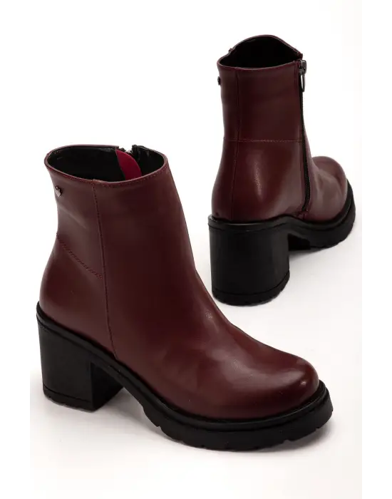 767-3020 Bordo Fermuarlı Kalın Topuklu Günlük Kadın Bot