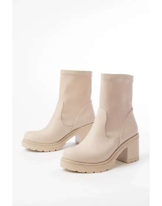 Bej Günlük Kalın Topuklu Kadın Bot