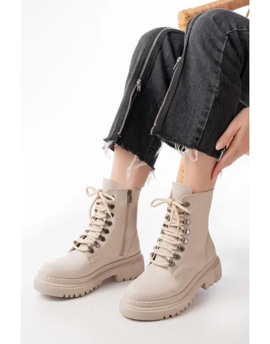 Bej Bağcıklı Fermuarlı Günlük Kadın Bot