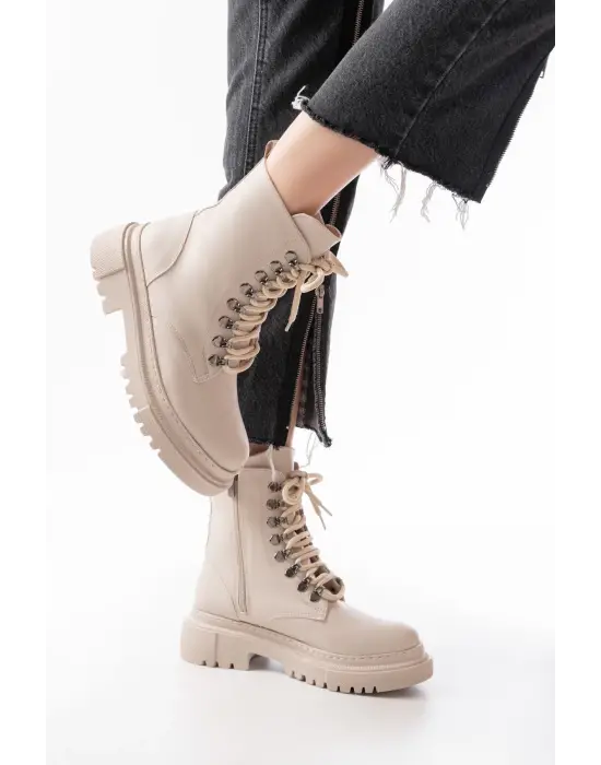 Bej Bağcıklı Fermuarlı Günlük Kadın Bot