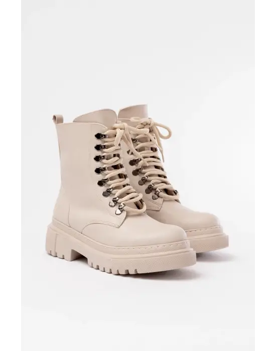 Bej Bağcıklı Fermuarlı Günlük Kadın Bot