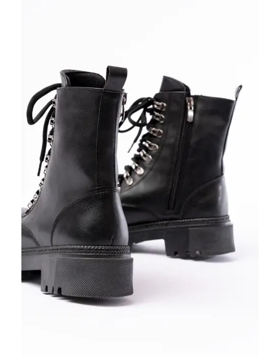 Siyah Cilt Bağcıklı Fermuarlı Günlük Kadın Bot