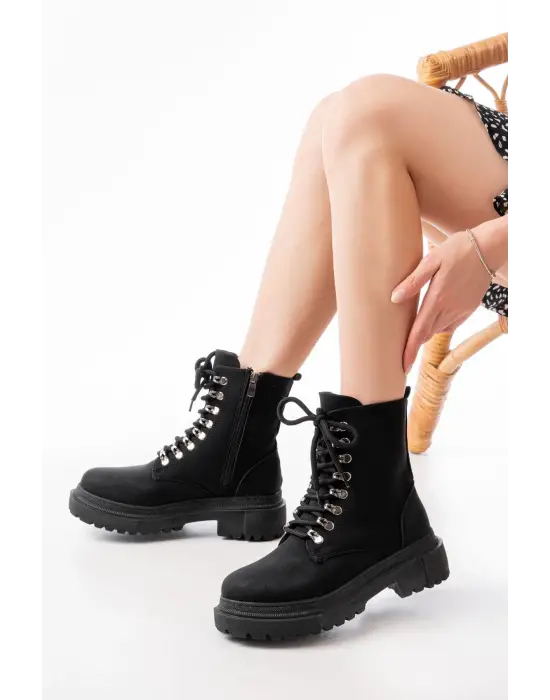 812-2121 Siyah Zümrüt Bağcıklı Fermuarlı Günlük Kadın Bot