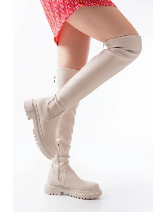 Bej Fermuarlı Diz Üstü Bağcıklı Çorap Günlük Kadın Çizme