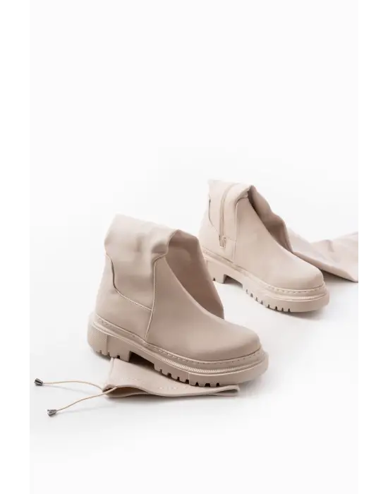 Bej Fermuarlı Diz Üstü Bağcıklı Çorap Günlük Kadın Çizme