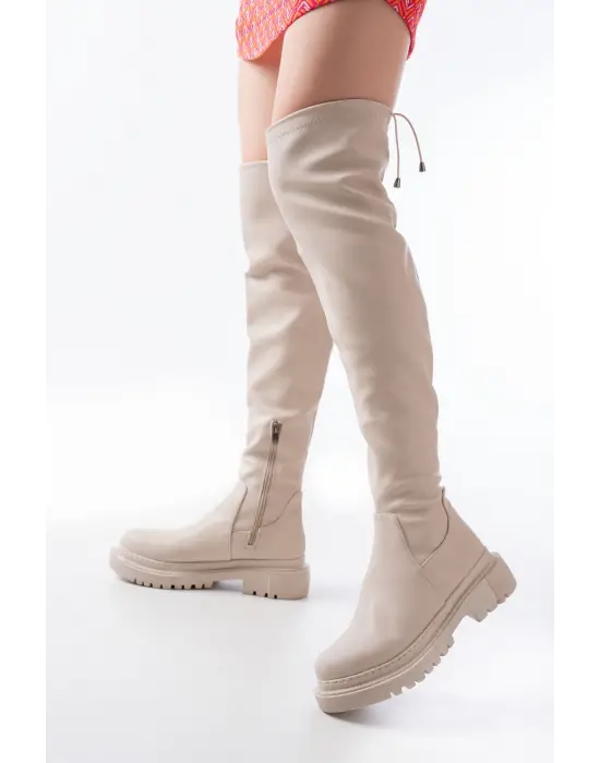 Bej Fermuarlı Diz Üstü Bağcıklı Çorap Günlük Kadın Çizme