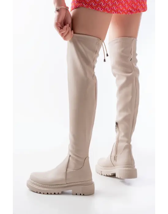812-2194 Bej Fermuarlı Diz Üstü Bağcıklı Çorap Günlük Kadın Çizme