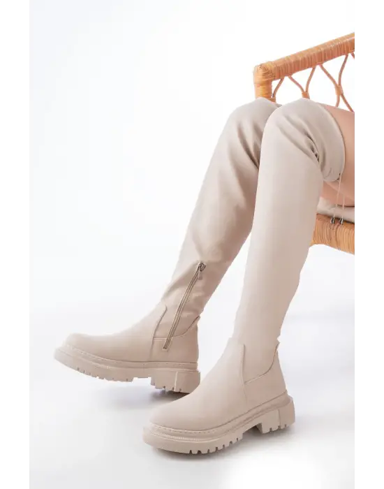 Bej Fermuarlı Diz Üstü Bağcıklı Çorap Günlük Kadın Çizme