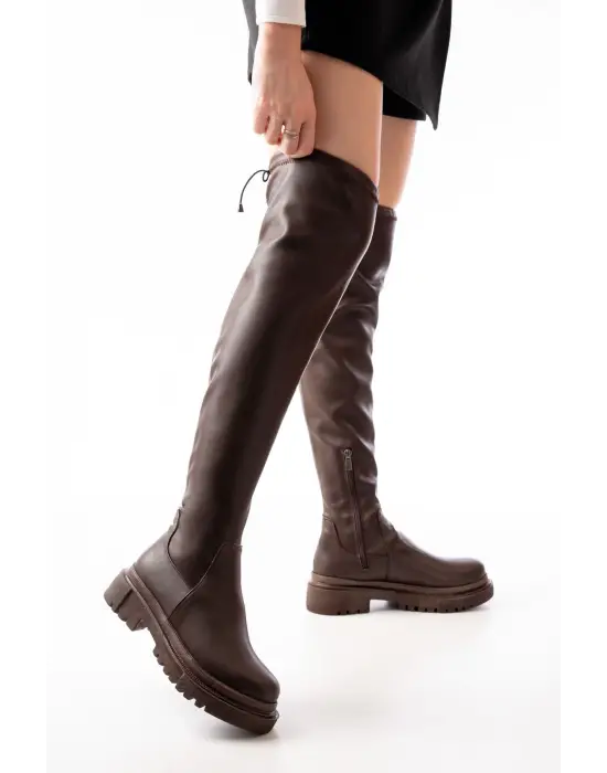 Kahverengi Fermuarlı Diz Üstü Bağcıklı Çorap Günlük Kadın Çizme