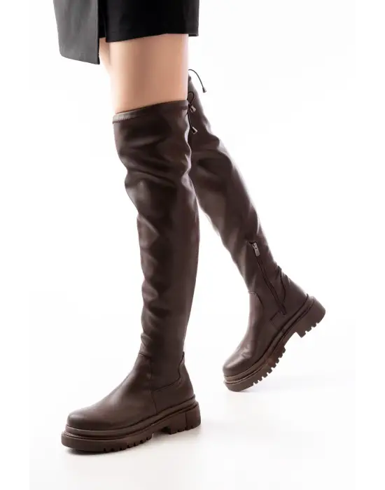 Kahverengi Fermuarlı Diz Üstü Bağcıklı Çorap Günlük Kadın Çizme