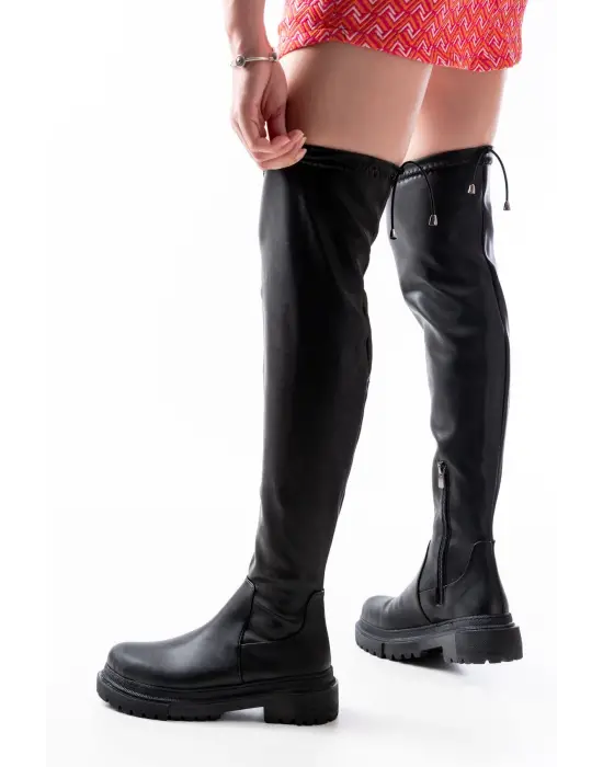 Siyah Fermuarlı Diz Üstü Bağcıklı Çorap Günlük Kadın Çizme