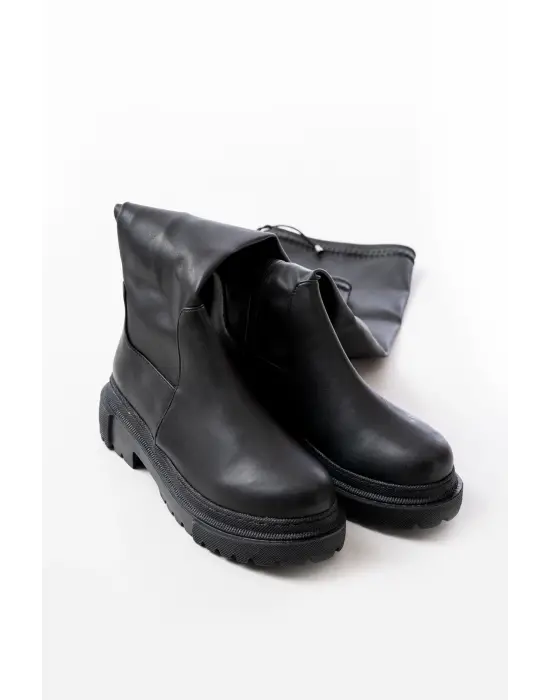 Siyah Fermuarlı Diz Üstü Bağcıklı Çorap Günlük Kadın Çizme