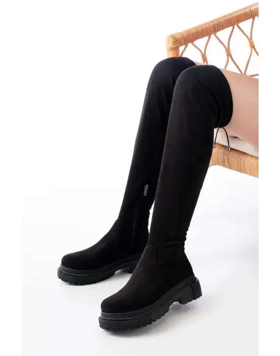 Siyah Süet Fermuarlı Diz Üstü Bağcıklı Çorap Günlük Kadın Çizme