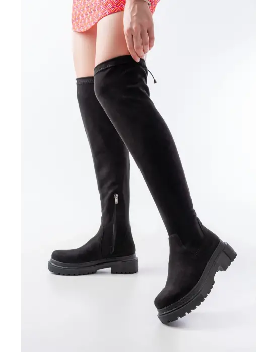 Siyah Süet Fermuarlı Diz Üstü Bağcıklı Çorap Günlük Kadın Çizme
