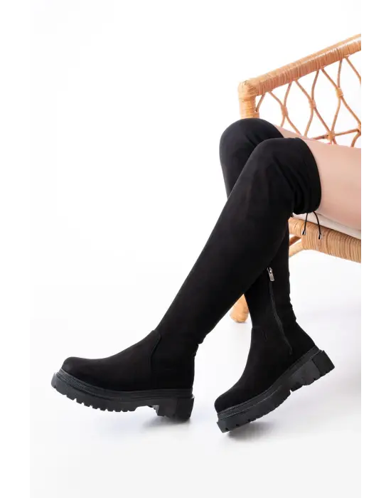 Siyah Süet Fermuarlı Diz Üstü Bağcıklı Çorap Günlük Kadın Çizme