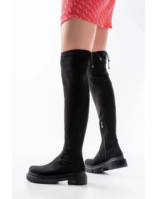 Siyah Süet Fermuarlı Diz Üstü Bağcıklı Çorap Günlük Kadın Çizme