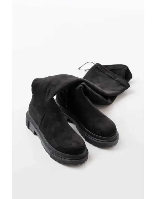 Siyah Süet Fermuarlı Diz Üstü Bağcıklı Çorap Günlük Kadın Çizme