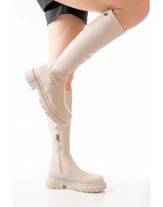 812-2291 Bej Fermuarlı Günlük Kadın Çizme