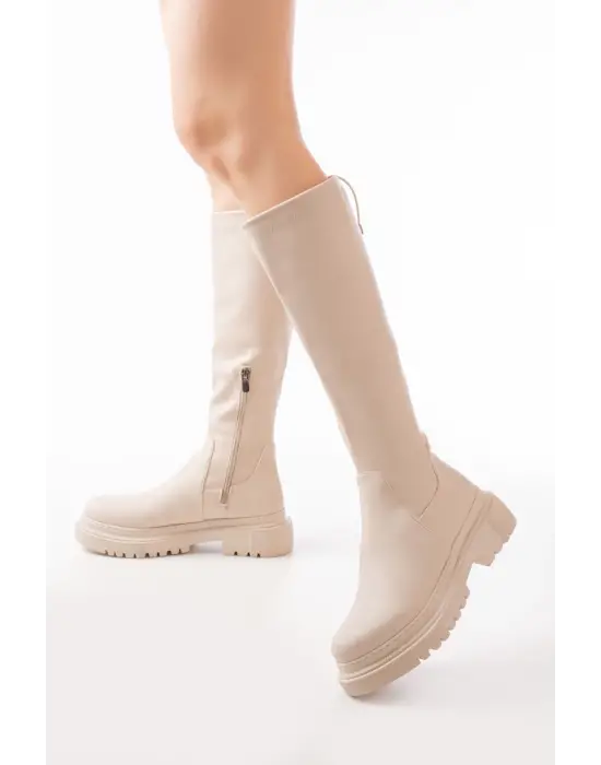 812-2291 Bej Fermuarlı Günlük Kadın Çizme