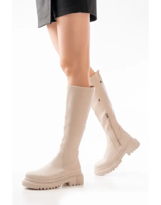 812-2291 Bej Fermuarlı Günlük Kadın Çizme