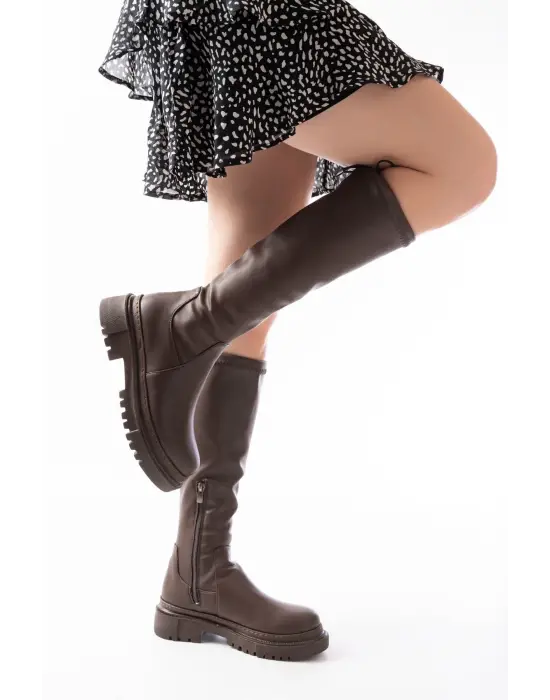 Kahverengi Fermuarlı Günlük Kadın Çizme