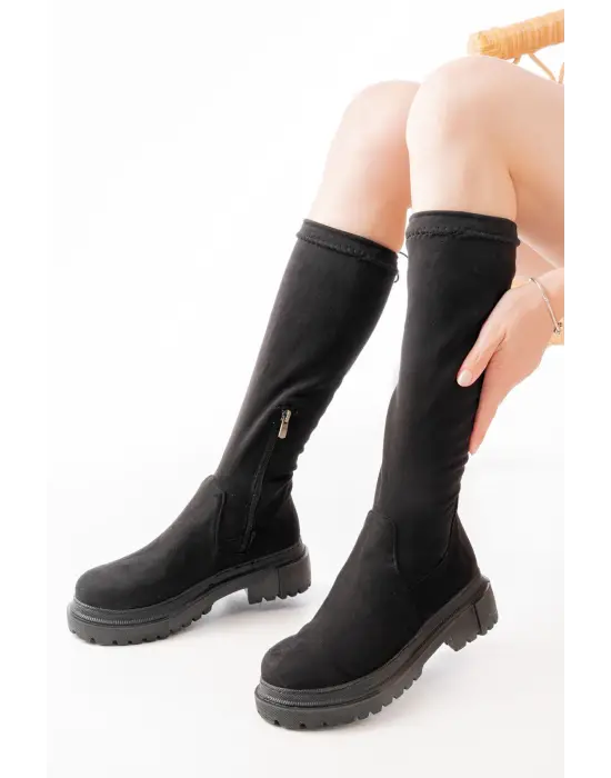Siyah Süet Fermuarlı Günlük Kadın Çizme