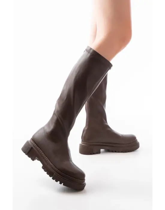 812-301 Kahverengi Streç Arkadan Fermuarlı Günlük Kadın Çizme