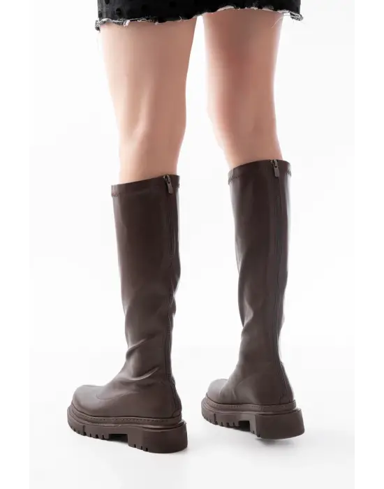 812-301 Kahverengi Streç Arkadan Fermuarlı Günlük Kadın Çizme