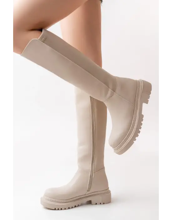 Bej Arkası Streç Fermuarlı Günlük Kadın Çizme
