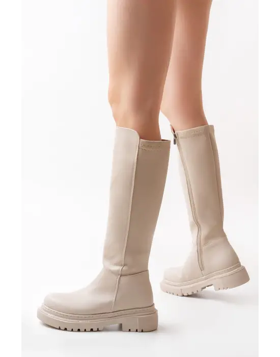 Bej Arkası Streç Fermuarlı Günlük Kadın Çizme