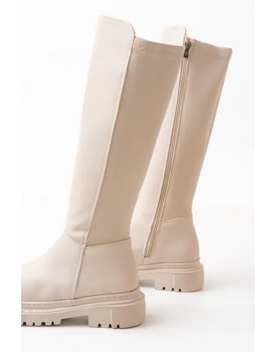 Bej Arkası Streç Fermuarlı Günlük Kadın Çizme