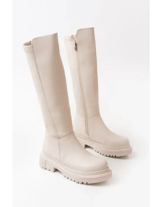 Bej Arkası Streç Fermuarlı Günlük Kadın Çizme