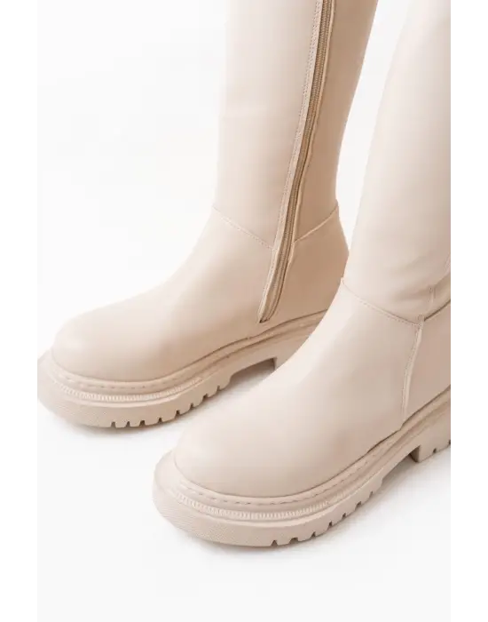 Bej Arkası Streç Fermuarlı Günlük Kadın Çizme