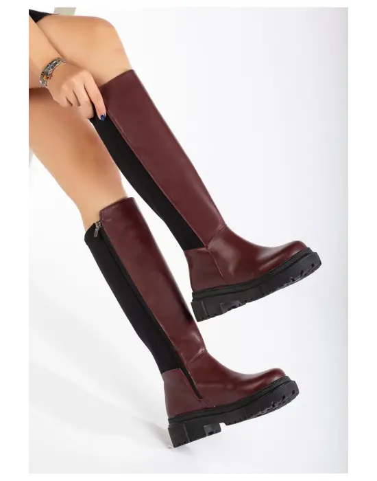 Bordo Arkası Streç Fermuarlı Günlük Kadın Çizme