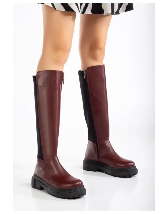 Bordo Arkası Streç Fermuarlı Günlük Kadın Çizme