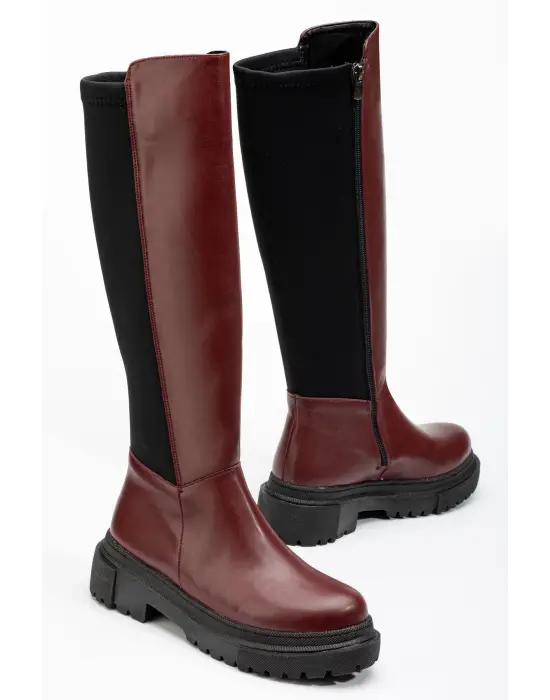 Bordo Arkası Streç Fermuarlı Günlük Kadın Çizme