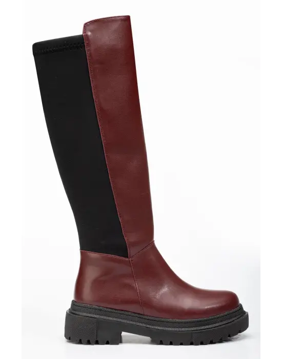 Bordo Arkası Streç Fermuarlı Günlük Kadın Çizme