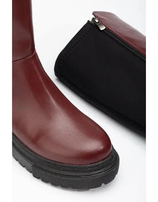 Bordo Arkası Streç Fermuarlı Günlük Kadın Çizme