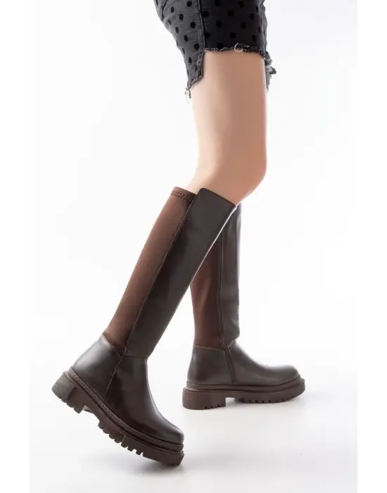 Kahve Arkası Streç Fermuarlı Günlük Kadın Çizme