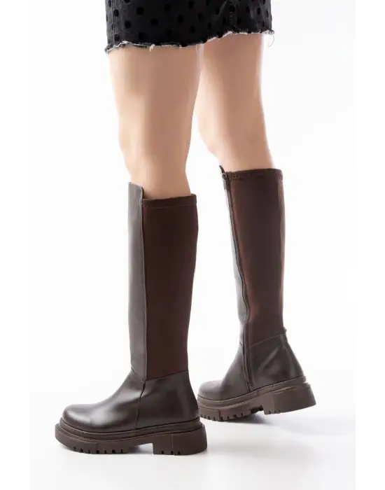 812-305 Kahve Arkası Streç Fermuarlı Günlük Kadın Çizme