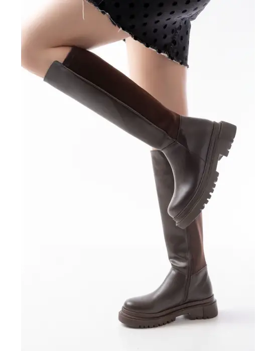 812-305 Kahve Arkası Streç Fermuarlı Günlük Kadın Çizme