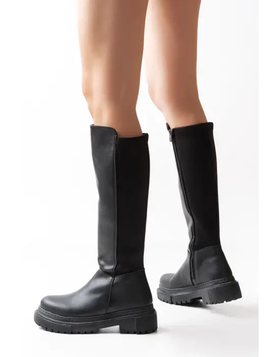 Siyah Arkası Streç Fermuarlı Günlük Kadın Çizme