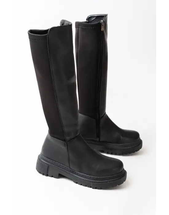 Siyah Arkası Streç Fermuarlı Günlük Kadın Çizme
