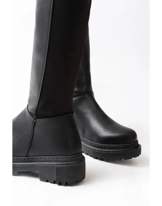 Siyah Arkası Streç Fermuarlı Günlük Kadın Çizme