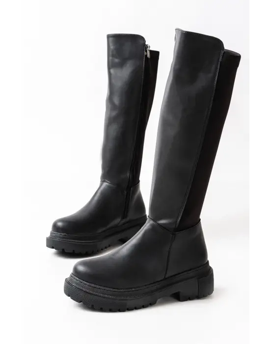 Siyah Arkası Streç Fermuarlı Günlük Kadın Çizme