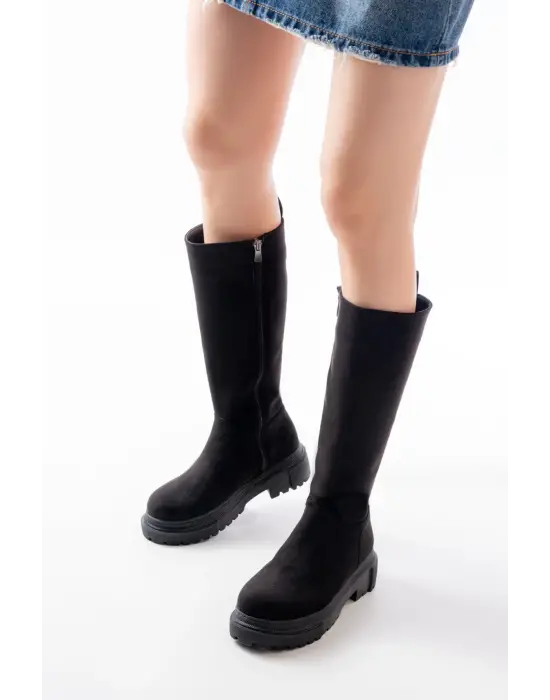 812-340 Siyah Süet Fermuarlı Günlük Kadın Çizme