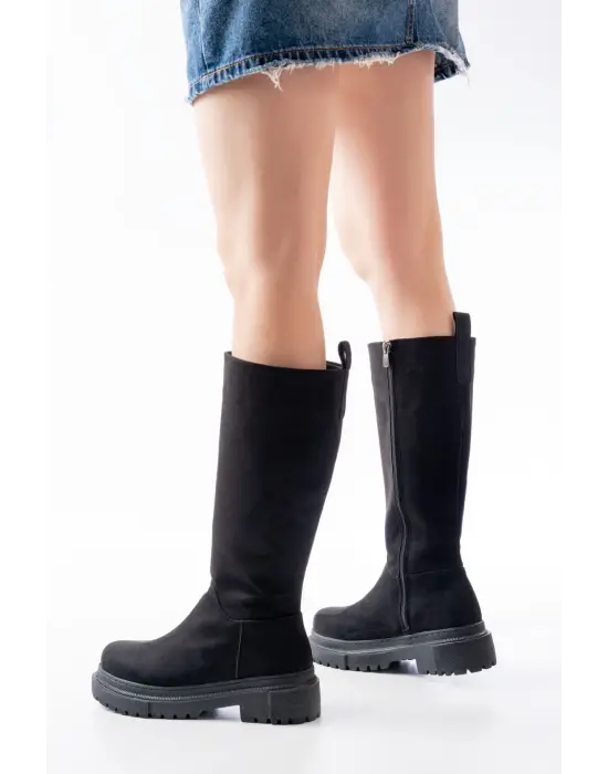 Siyah Süet Fermuarlı Günlük Kadın Çizme