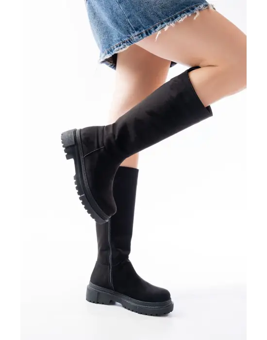 812-340 Siyah Süet Fermuarlı Günlük Kadın Çizme